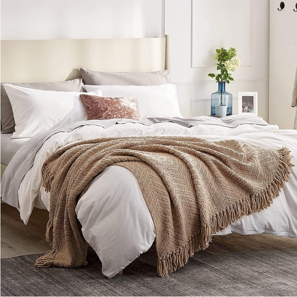 West Elm Sunflower Yellow Tassel Fringe Luxury Minimalist Soft Throw Blanket - Picture 11 of 15